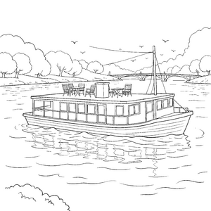 Prachtvolles Hausboot mit Brücke Ausmalbild für malfreudige Flussreisende
