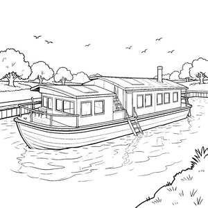 Sanftes Hausboot mit Leiter Malbild für malfreudige Wasserwanderer