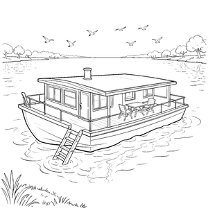 Friedliches Hausboot mit Terrasse Malbild für kreative Seenautenten