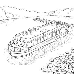 Idyllisches Hausboot mit Seerosen Ausmalbild für neugierige Wasserfreunde