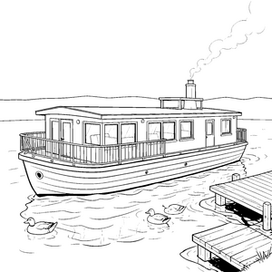 Wohnliches Hausboot mit Steg Malbild für junge Wasserfreunde