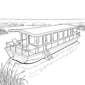 Ruhiges Hausboot mit Sitzgelegenheiten Malvorlage für verträumte Wasserläufer