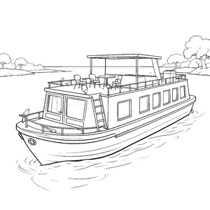 Großes Hausboot mit Sonnenschutzdach Malbild für malfreudige Flussreisende