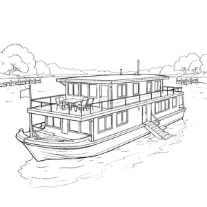 Prachtvolles Hausboot mit Terrassenmöbeln Ausmalbild für malfreudige Seeleute