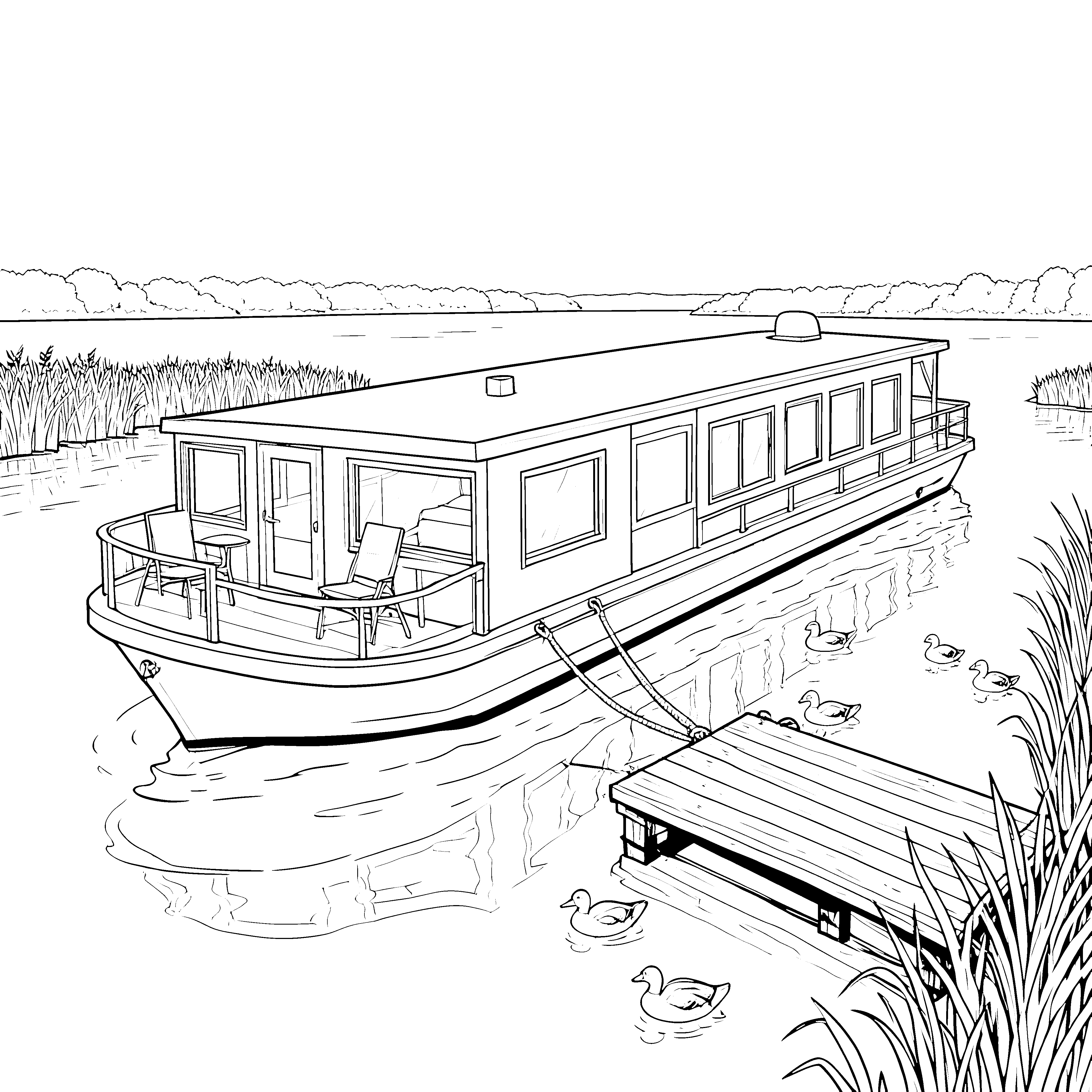 Idyllisches Hausboot mit Holzsteg Ausmalvorlage für fröhliche Schiffer