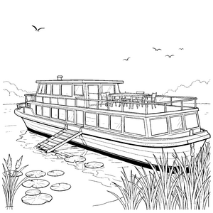 Ruhiges Hausboot mit Seerosen Ausmalbild für junge Wasserfreunde