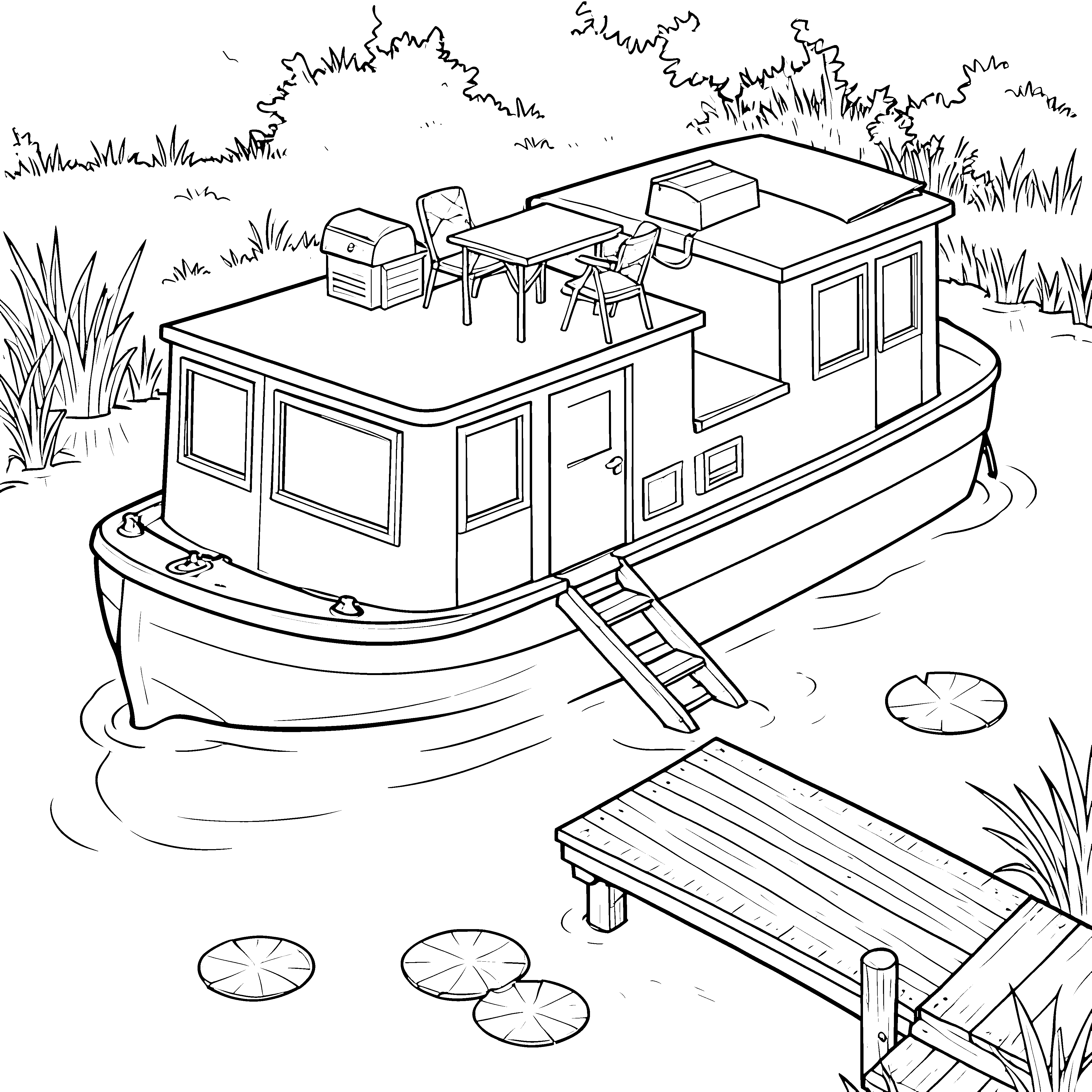 Einladendes Hausboot mit Tisch und Steg Bastelmotiv für mutige Seeleute