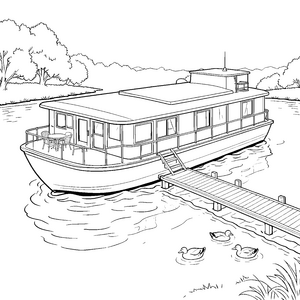 Idyllisches Hausboot mit Holzsteg Bastelmotiv für neugierige Wasserforscher