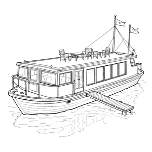 Großes Hausboot mit Sonnensegel Ausmalbild für kleine Schiffsgäste