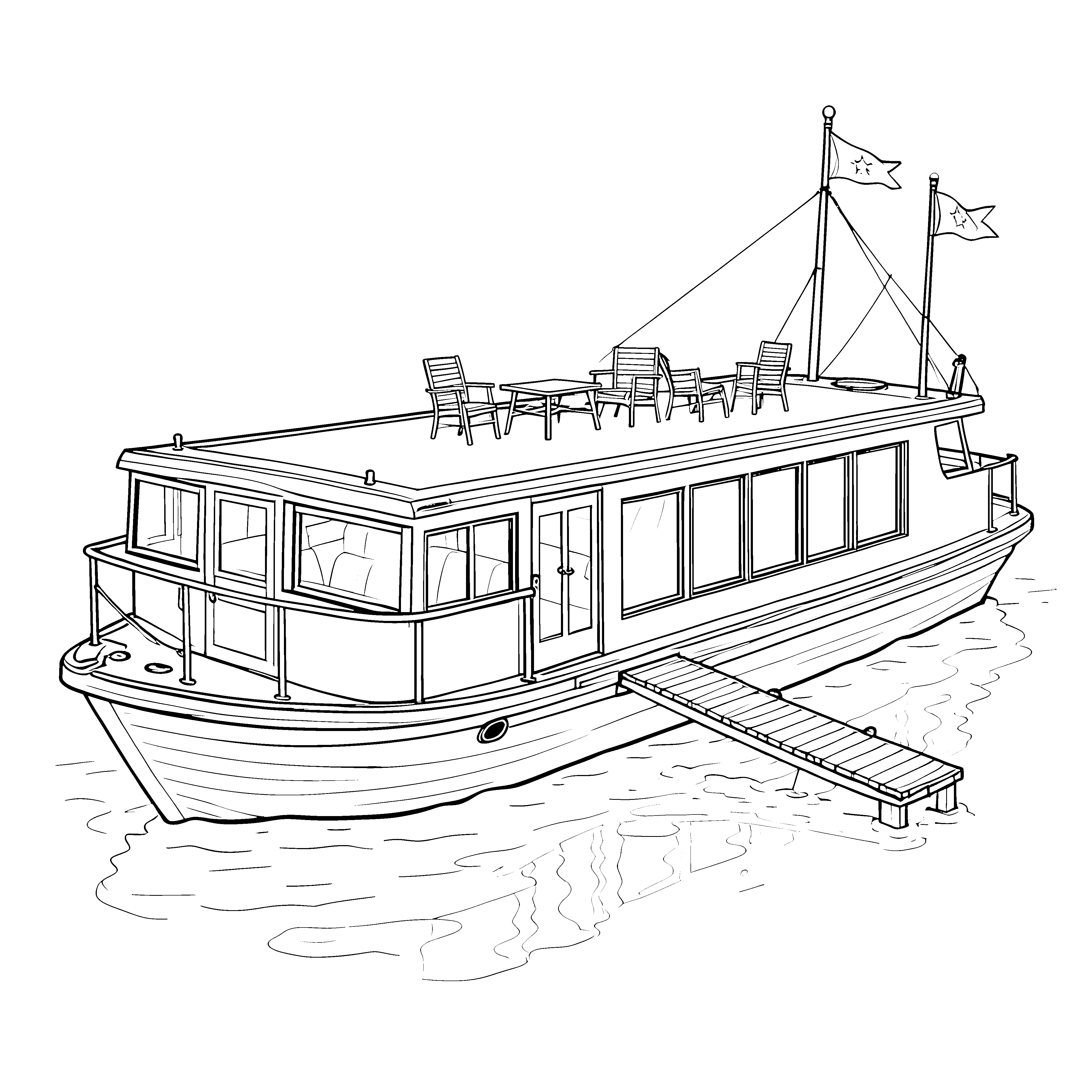 Großes Hausboot mit Sonnensegel Ausmalbild für kleine Schiffsgäste