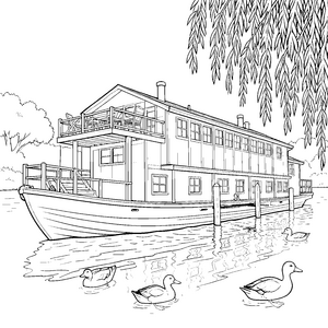 Rustikales Hausboot mit Weidenbaum Malvorlage für verträumte Wasserfreunde