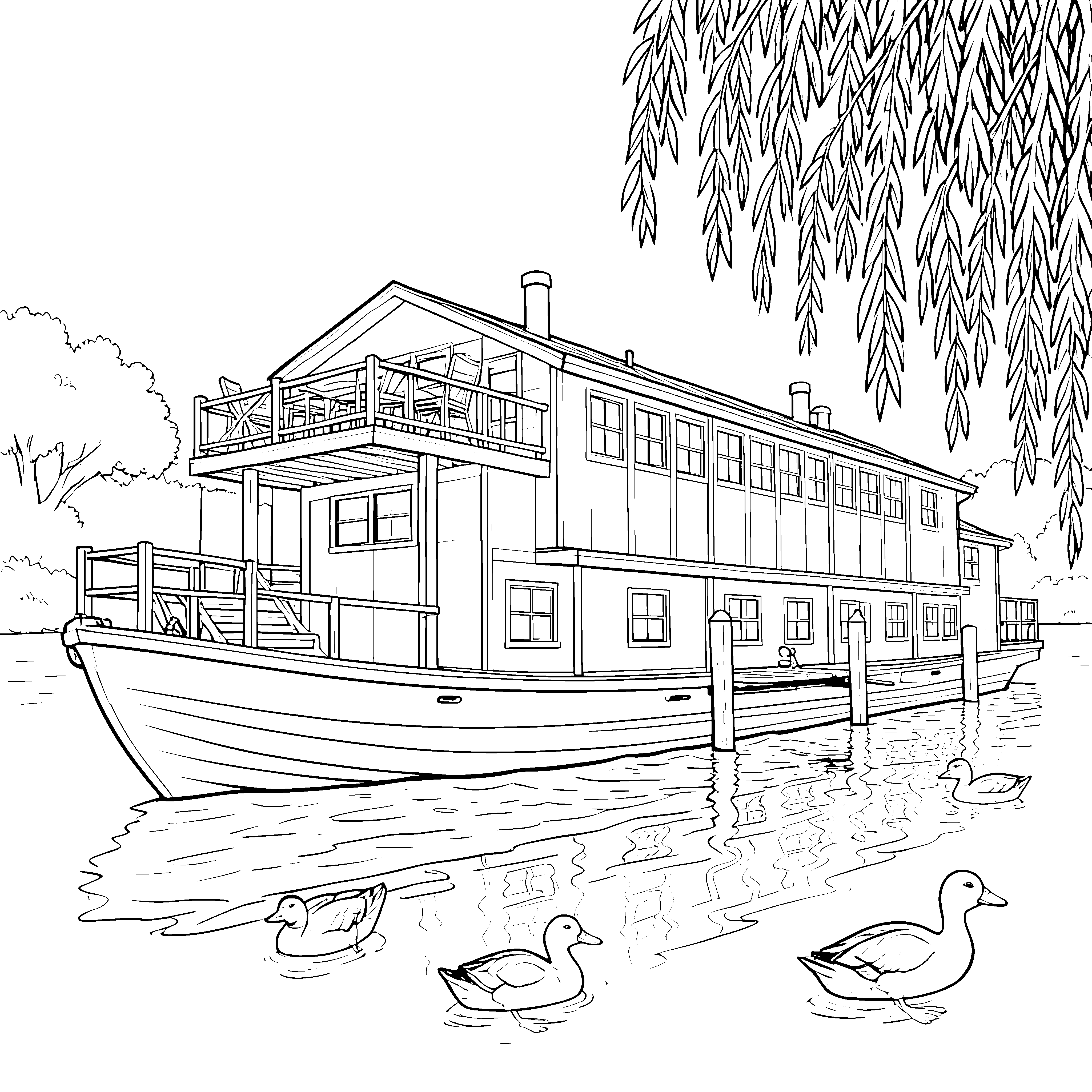Rustikales Hausboot mit Weidenbaum Malvorlage für verträumte Wasserfreunde