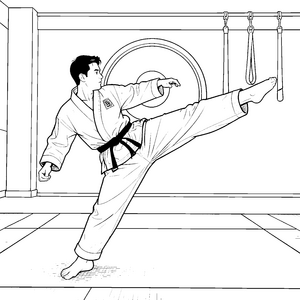 Dynamischer Taekwondo-Kämpfer am Zielschild Bastelvorlage für junge Sportler