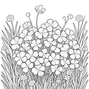 Üppige Kleeblätter auf Blumenwiese Ausmalvorlage für kreative Naturfreunde