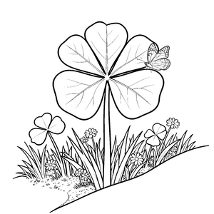 Zauberhaftes Kleeblatt mit Schmetterling Malbild für Wiesenfreunde