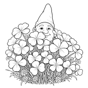 Freundlicher Wiesen gnome mit Kleeblättern Bastelmotiv für kreative Naturkinder