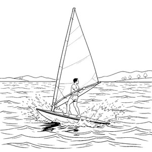 Dynamisches Windsurfen auf spritzigen Wellen Ausmalvorlage für kreative Wassersportler
