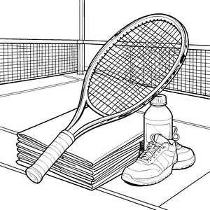 Dynamischer Tennisschläger mit Sportschuhen Malvorlage für Turnierspieler