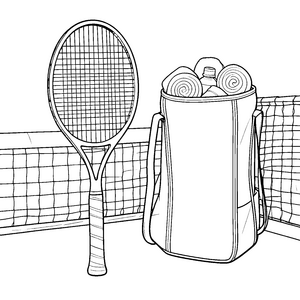 Stolzer Tennisschläger neben Sporttasche Bastelmotiv für kreative Sportfans