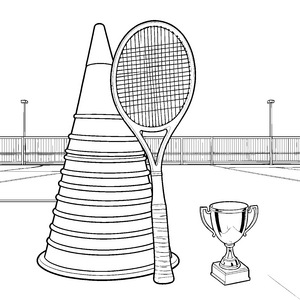 Triumphaler Tennisschläger mit Pokal Malbild für fröhliche Turniersieger
