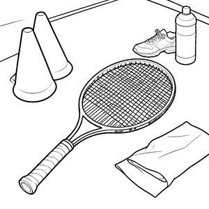 Sportlicher Tennisschläger mit Trinkflasche Ausmalbild für kleine Platzprofis