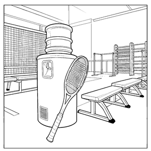 Sportlicher Tennisschläger am Wasserspender Bastelmotiv für verträumte Turnierschläger