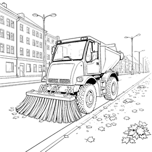 Dynamische Kehrmaschine auf Laubstraße Ausmalbild für neugierige Stadtputzer