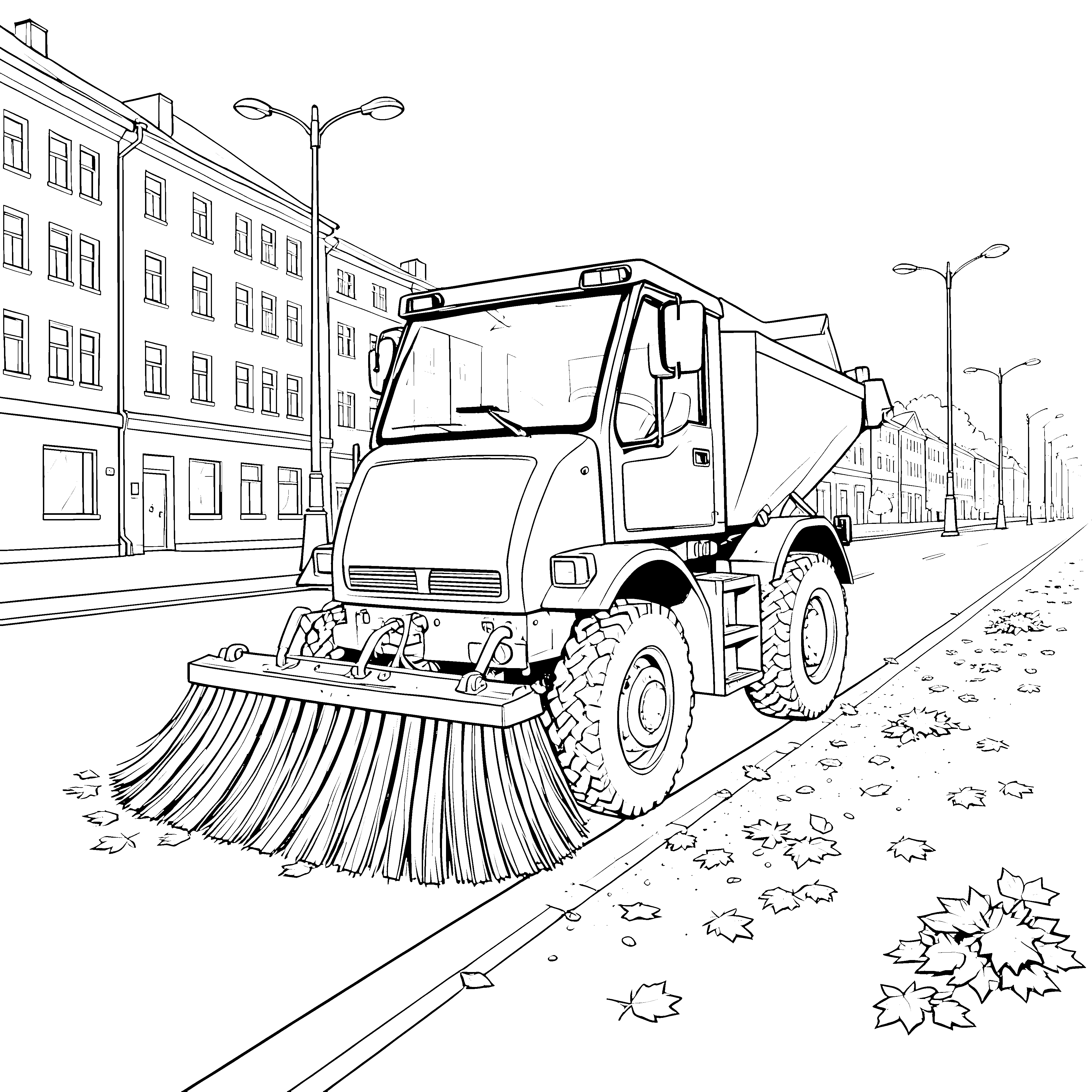 Dynamische Kehrmaschine auf Laubstraße Ausmalbild für neugierige Stadtputzer
