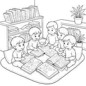 Gemeinsames Vorlesen auf dem Teppich Ausmalvorlage für Geschichtsfreunde