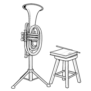 Prächtiges Horn mit Notenstab Ausmalvorlage für kreative Musikbegeisterte