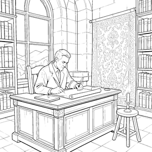Würdevoller Schreiber an der Schriftrolle Bastelmotiv für junge Bibliothekfreunde