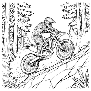 Abenteuerlicher Motocross-Fahrer im Wald Malbild für Waldabenteurer