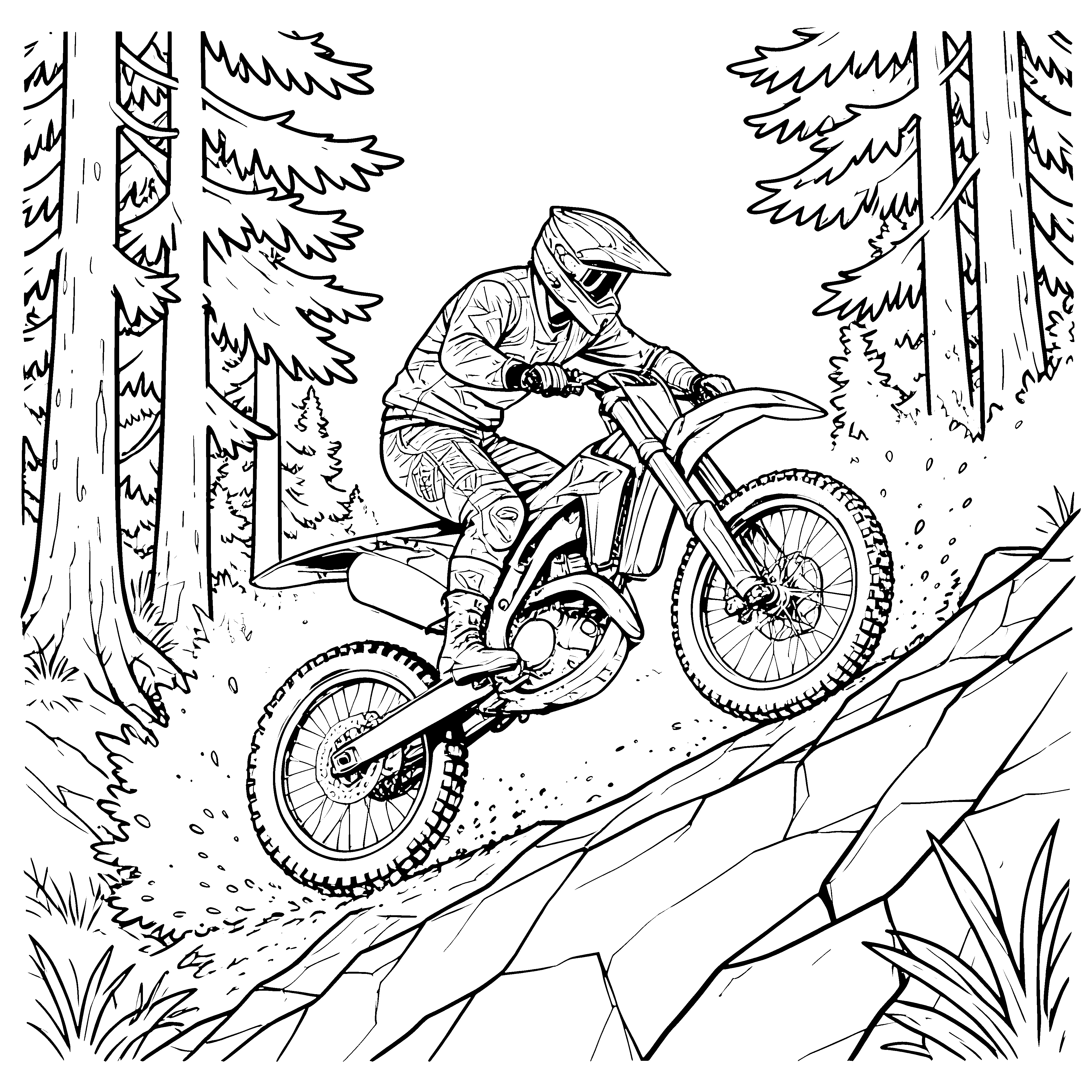 Abenteuerlicher Motocross-Fahrer im Wald Malbild für Waldabenteurer