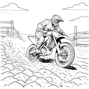 Dynamischer Motocross-Fahrer auf Erdhügeln Ausmalvorlage für kleine Rennbegeisterte
