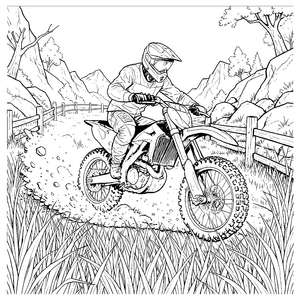 Abenteuerlicher Motocross-Fahrer durch Staubwolken Ausmalbild für kleine Naturfreunde