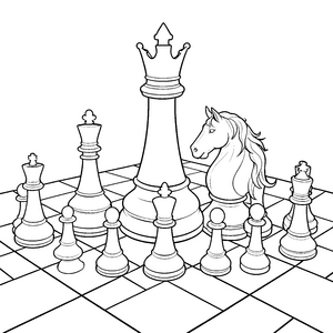 Majestätische Königin und Springer Ausmalvorlage für Spielbegeisterte