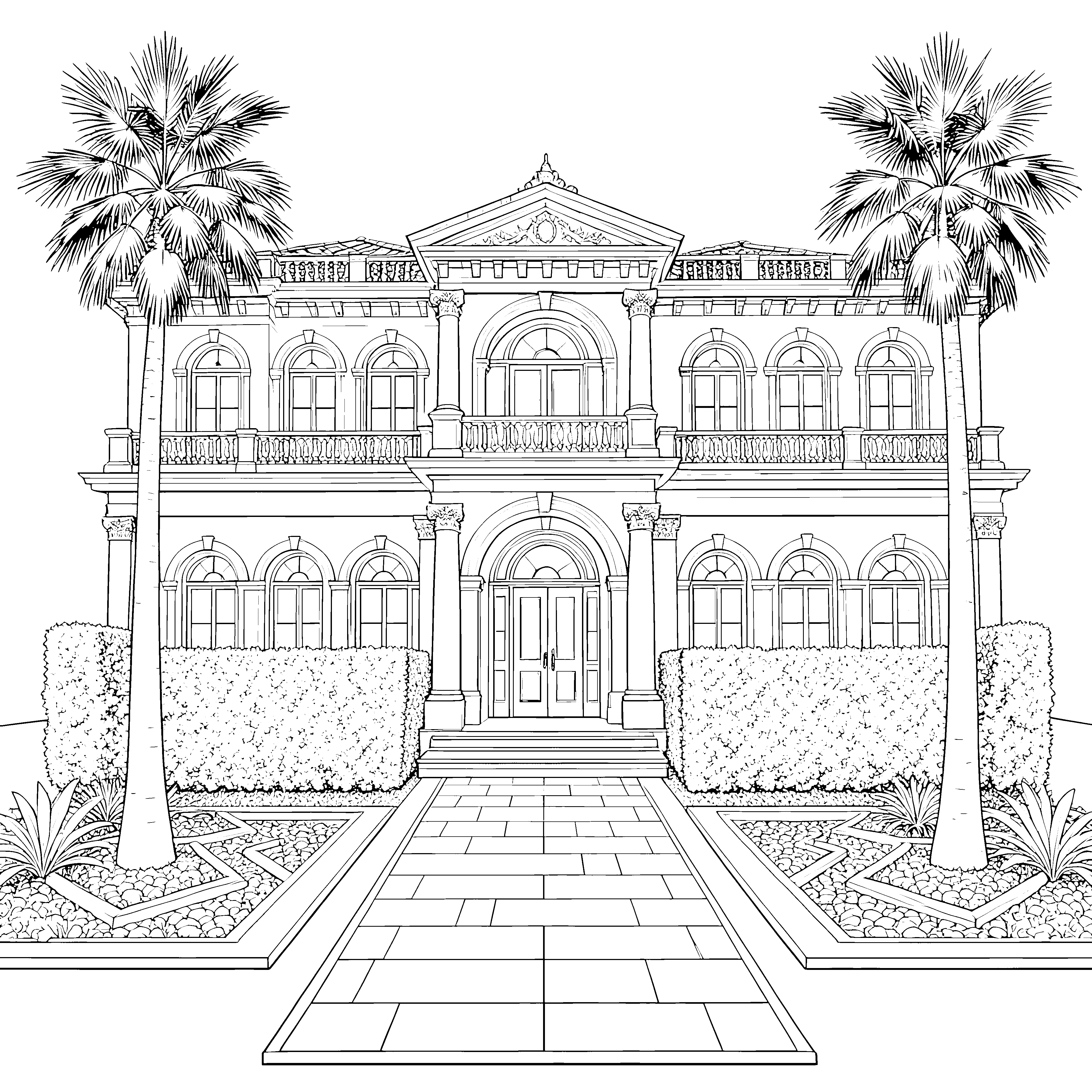 Prachtvolle Villa mit Palmen Bastelmotiv für Architekturfreunde