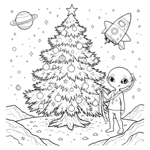 Festlicher Weihnachtsbaum mit Rakete Bastelvorlage für mutige Planetenreisende