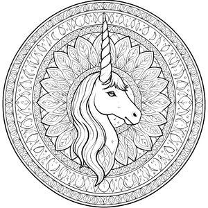 Funkelndes Einhorn-Mandala mit Monden Ausmalbild für kreative Mondträumer