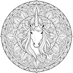 Symmetrisches Einhorn-Mandala mit Blattornamenten Bastelvorlage für Naturfreunde