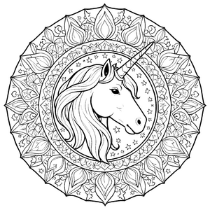 Prachtvolles Einhorn-Mandala mit Sternen Malbild für Fantasiehelden