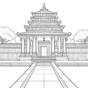 Prachtvoller asiatischer Tempel mit Säulen Malbild für verträumte Bauweltfreunde