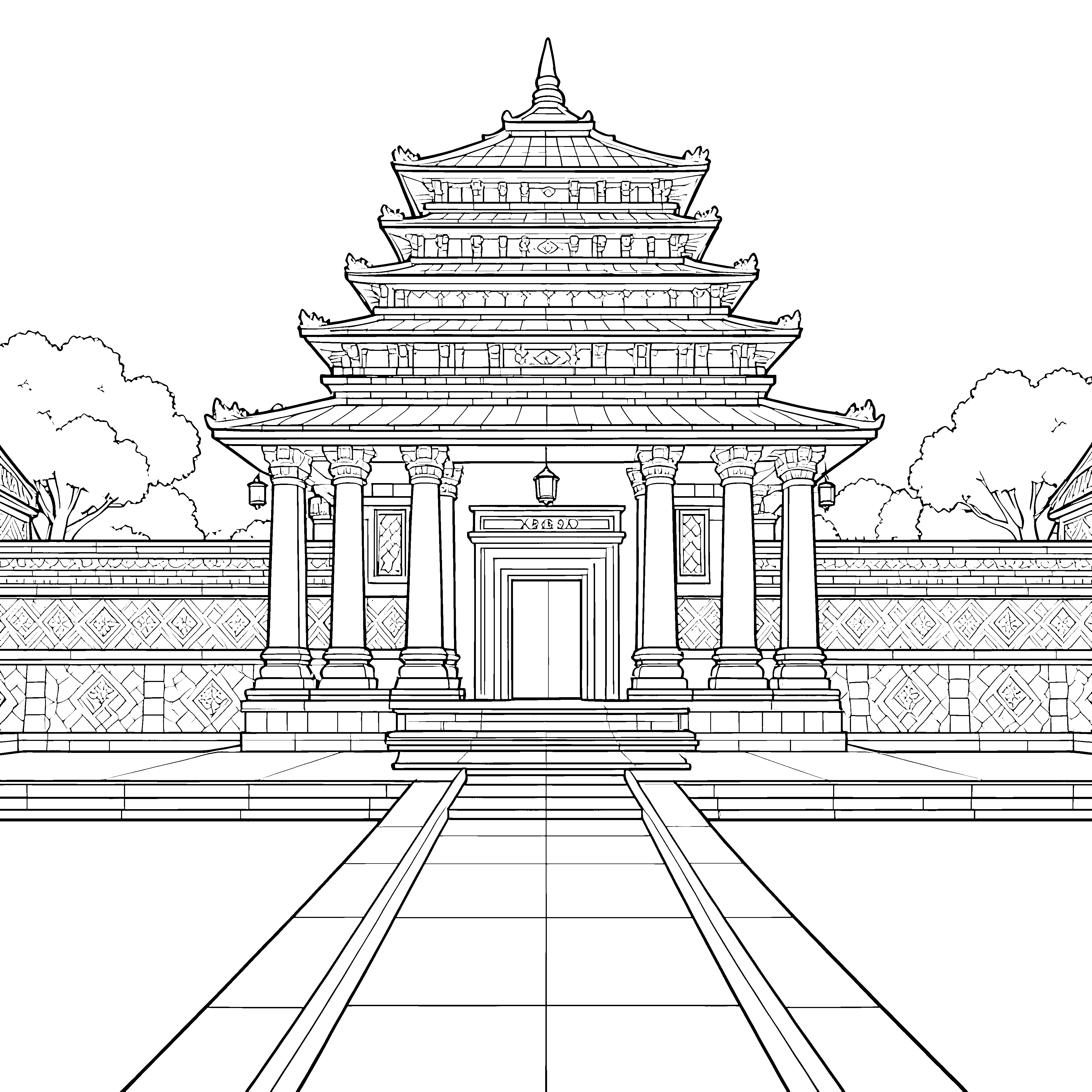 Prachtvoller asiatischer Tempel mit Säulen Malbild für verträumte Bauweltfreunde