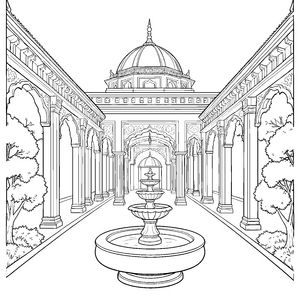 Symmetrischer Tempel mit Brunnen Bastelvorlage für kreative Architekturfreunde