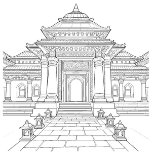 Prachtvoller Tempel mit Pagodendach Ausmalbild für kreative Bauweltfreunde