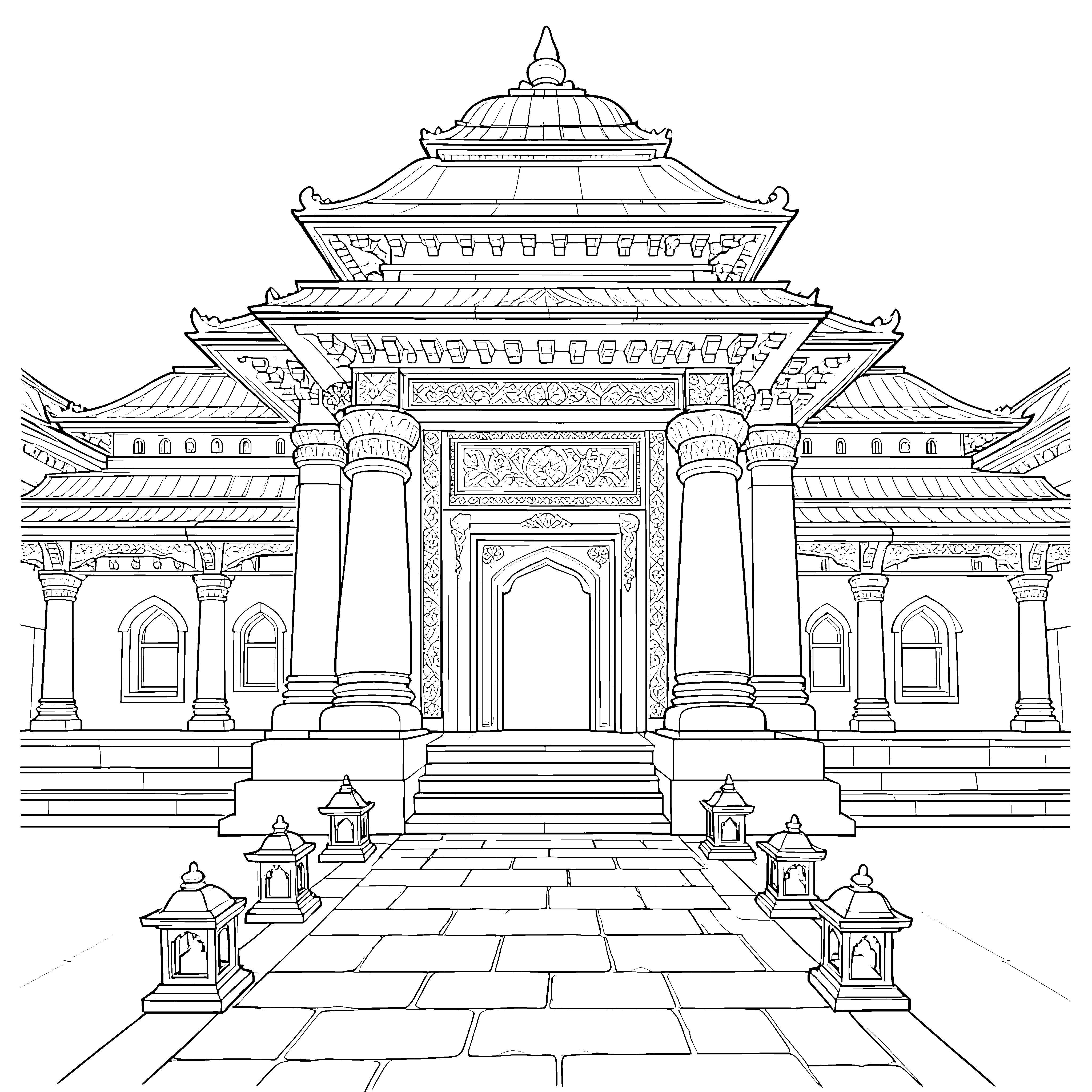 Prachtvoller Tempel mit Pagodendach Ausmalbild für kreative Bauweltfreunde