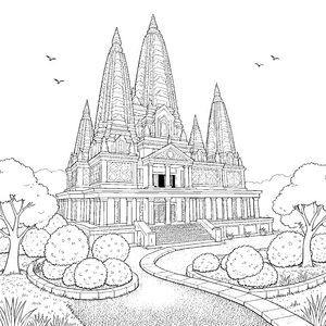 Imposanter Tempel mit hohen Türmen Ausmalbild für Naturfreunde