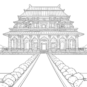 Prachtvoller asiatischer Tempel mit Säulen Ausmalbild für Architekturfreunde