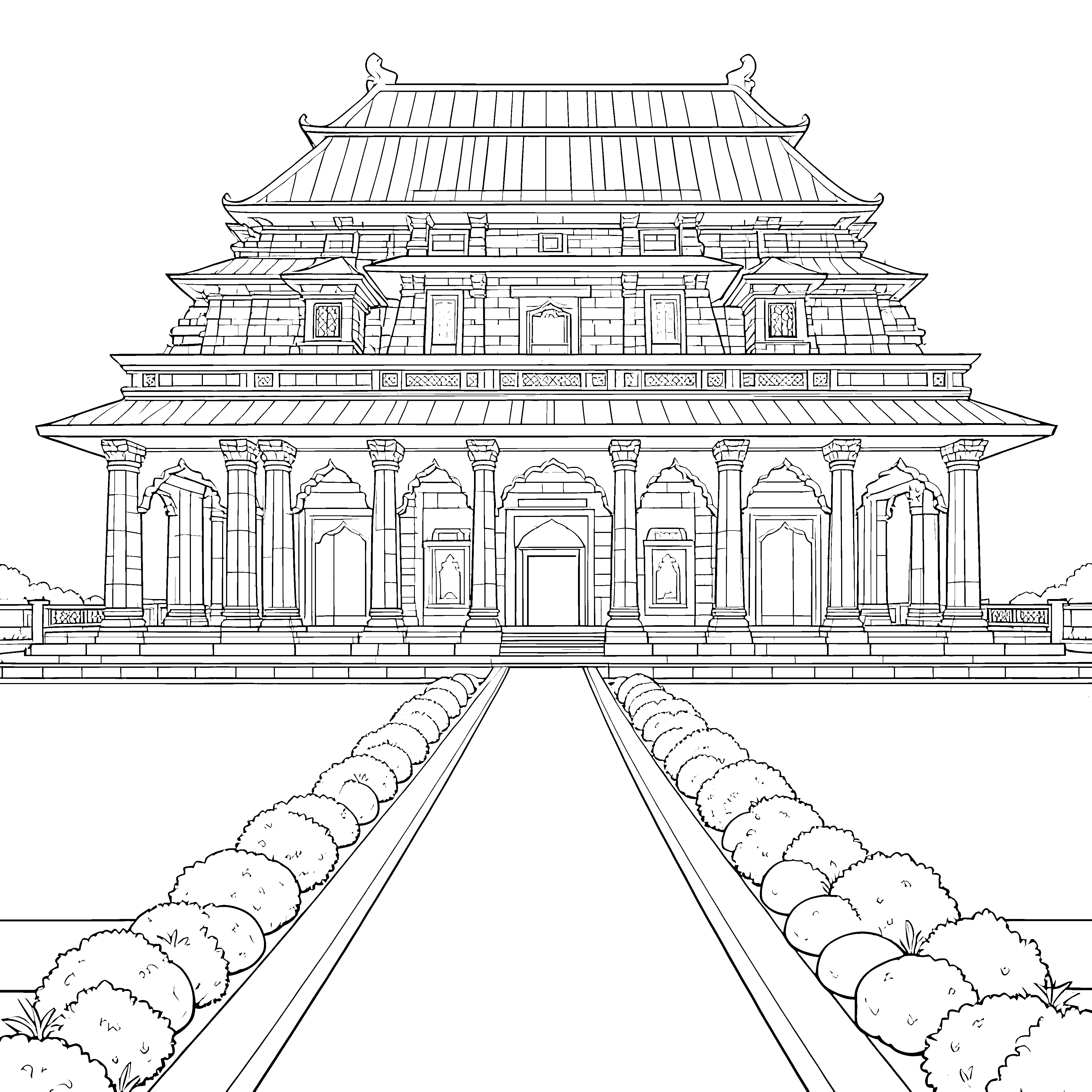 Prachtvoller asiatischer Tempel mit Säulen Ausmalbild für Architekturfreunde