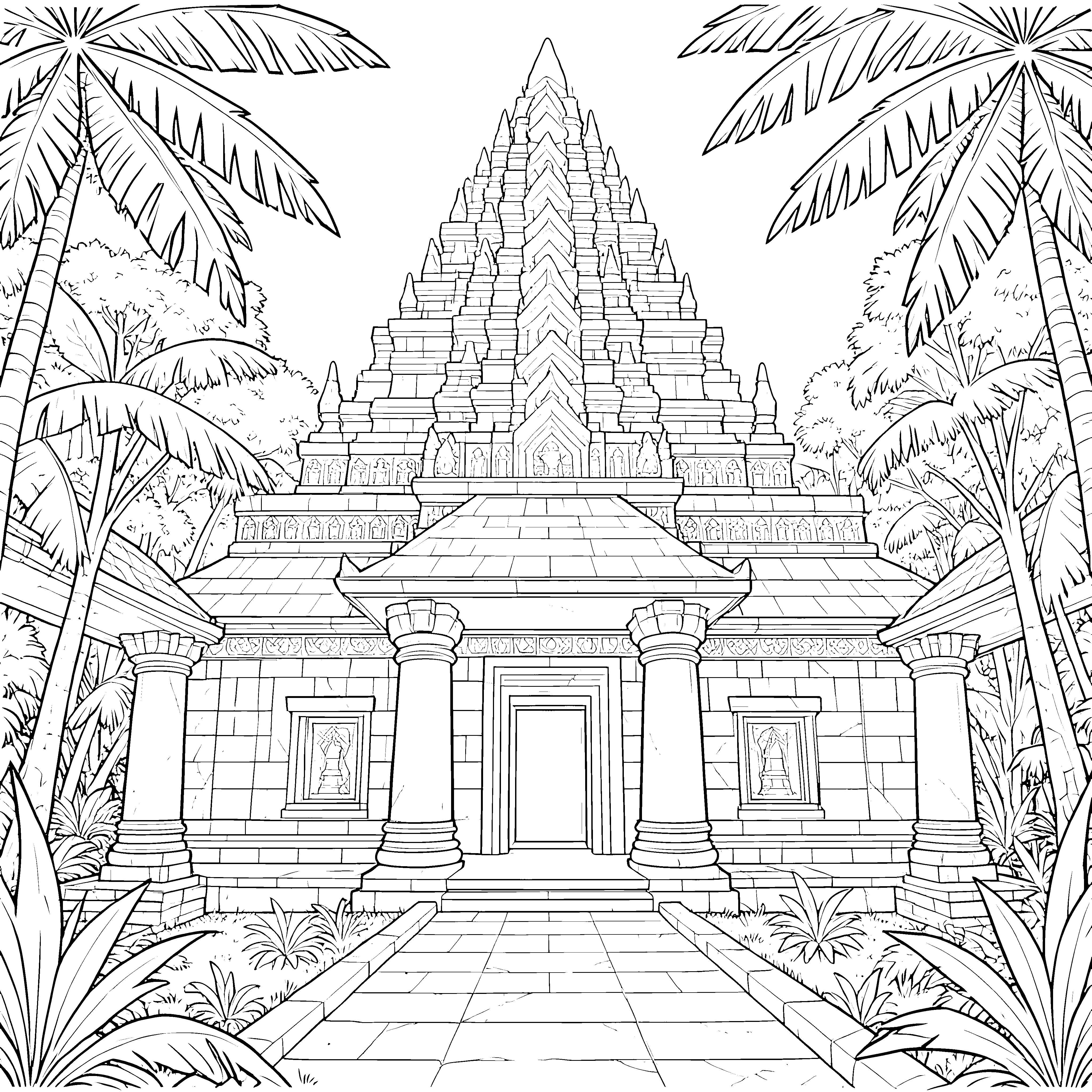 Monumentaler Tempel mit Palmen Malvorlage für malfreudige Urlauber
